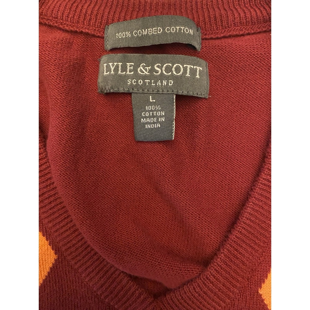 ⁠Lyle & Scott Scotland Mens L Argyle Sweater Vest Red Orange 100% Combed Cotton - Picture 2 of 5